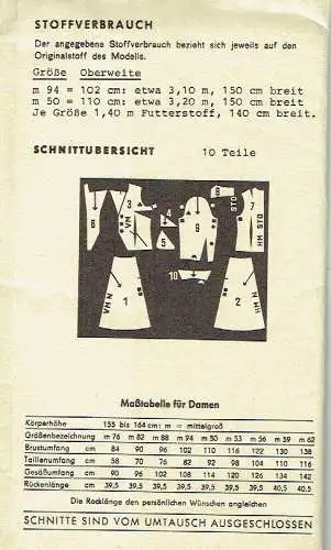 DDR-Schnittmusterbogen für Zweiteiler (Rock mit Jacke)
 Neue Modelle, 7-0270. 