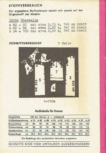 DDR-Schnittmusterbogen für Kleid
 Neue Modelle, 1-1104. 