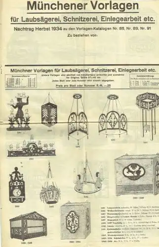 Münchener Vorlagen für Laubsägerei, Schnitzerei, Einlegearbeit etc, Nachtrag Herbst 1934 zu den Vorlagen-Katalogen Nr. 85, Nr. 89, Nr. 91