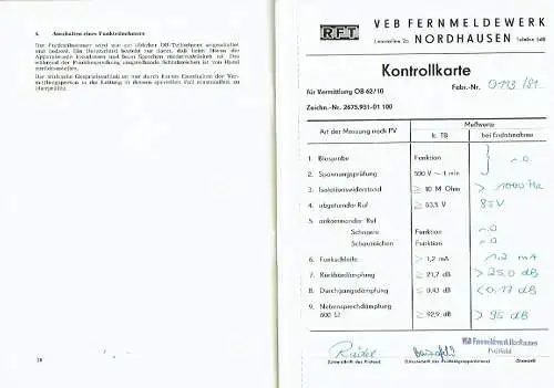 Beschreibung Vermittlung OB 62/10 schnurlos
 Technische Dokumentation. 