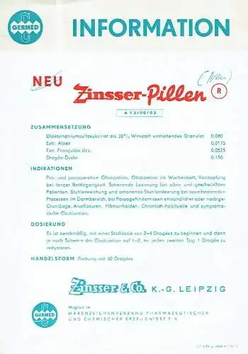 Prospekt für Medikament Zinsser Pillen von Zinsser & Co., Leipzig. 