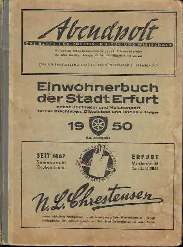 Einwohnerbuch der Stadt Erfurt
 nebst Hochheim und Melchendorf ferner Bischleben, Dittelstedt und Rhoda ü. Steiger. 