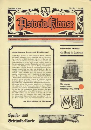 Hans Georg Stengel: Astoria-Klause
 Speise- und Getränke-Karte. 