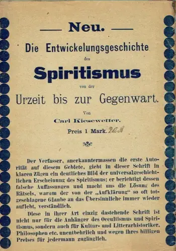 Carl Kiesewetter: Die Entwicklungsgeschichte des Spiritismus
 von der Urzeit bis zur Gegenwart. 