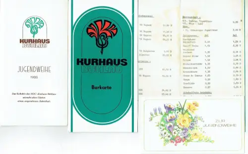 Barkarte, Menükarte und Glückwunschkarte für die Jugendweihe. 