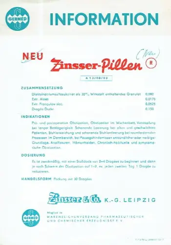Prospekt für Medikament Zinsser Pillen von Zinsser & Co., Leipzig. 