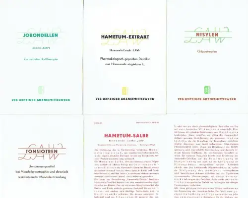 5 Prospekte für Medikamente aus dem VEB Leipziger Arzneimittelwerk. 