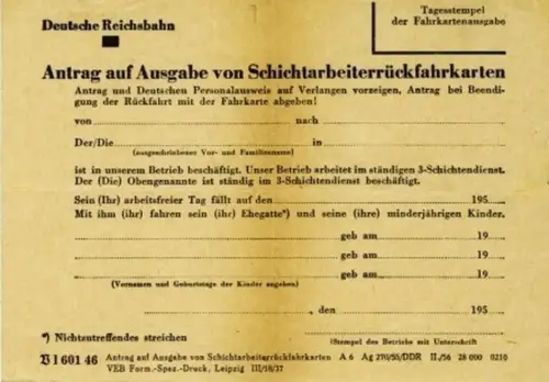 Antrag auf Ausgabe von Schichtarbeiterrückfahrkarten. 