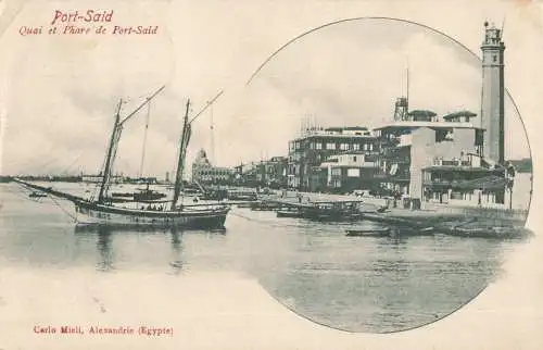 [Lithographie] Port-Said | Quai et Phare de Port-Said. 