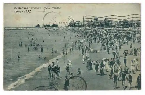 [Echtfotokarte schwarz/weiß] Montevideo. Uruguay. Playa Pocitos. 