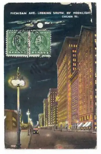 [Ansichtskarte] MICHIGAN AVE. LOOKING SOUTH. BY MOONLIGHT. CHICAGO ILL. 