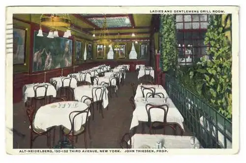 [Ansichtskarte] ALT-HEIDELBERG, 130-132 THIRD AVENUE, NEW YORK. JOHN THIESSEN, PROP. LADIES AND GENTLEMENS GRILL ROOM. 