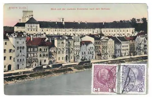 [Hand-Koloriert] STEYR O. Oe. Blick von der niederen Ennsleiten nach dem Schloss. 