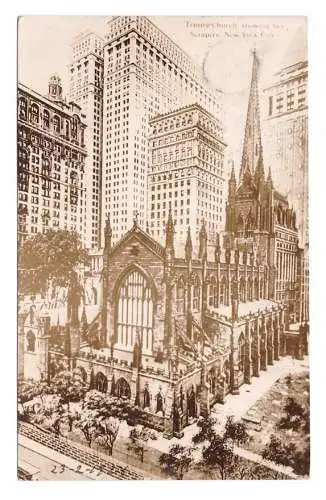 USA. New York City. Trinity Church, showing Sky Scrapers. 1928.