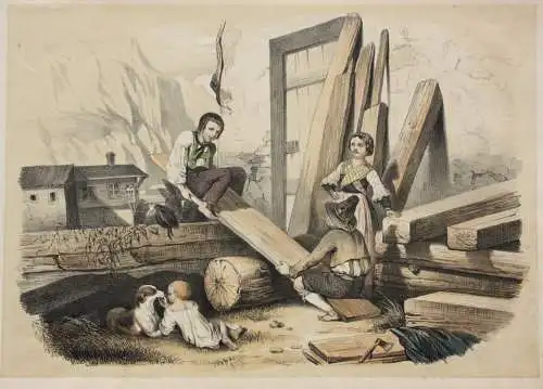 Kinder auf einer improvisierten Wippe, altkolorierte Lithographie, 1850-1899