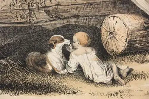 Kinder auf einer improvisierten Wippe, altkolorierte Lithographie, 1850-1899