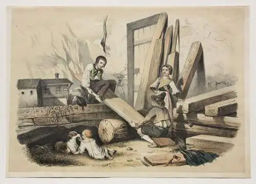 Kinder auf einer improvisierten Wippe, altkolorierte Lithographie, 1850-1899