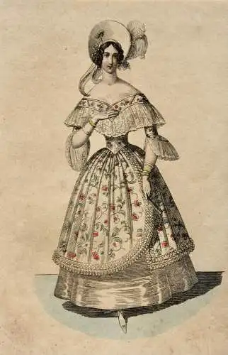 Viktorianische Damenmode, altkolorierter Kupferstich, um 1830