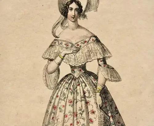 Viktorianische Damenmode, altkolorierter Kupferstich, um 1830