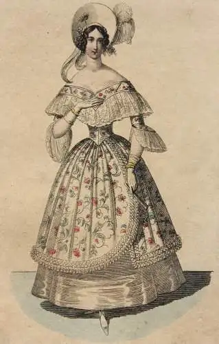 Viktorianische Damenmode, altkolorierter Kupferstich, um 1830