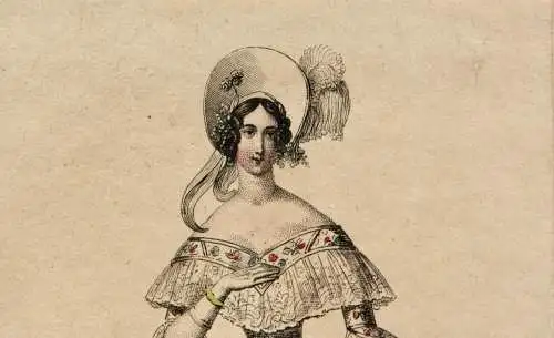 Viktorianische Damenmode, altkolorierter Kupferstich, um 1830