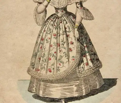 Viktorianische Damenmode, altkolorierter Kupferstich, um 1830