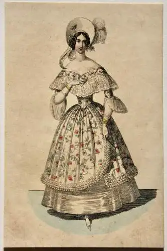 Viktorianische Damenmode, altkolorierter Kupferstich, um 1830