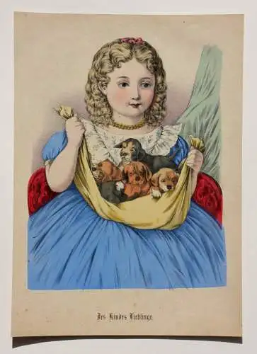 "Des Kindes Lieblinge", Mädchen mit vier Welpen, altkol. Lithographie, 1850-1899