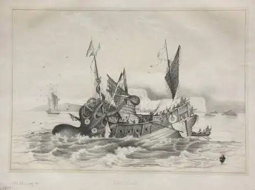 Der Angriff einer Riesenkrake auf ein Segelschiff, Lithographie, 1840-1850