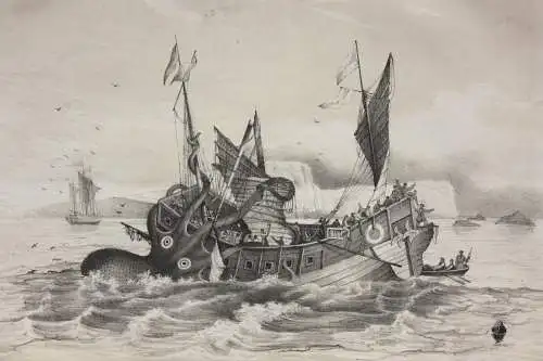 Der Angriff einer Riesenkrake auf ein Segelschiff, Lithographie, 1840-1850