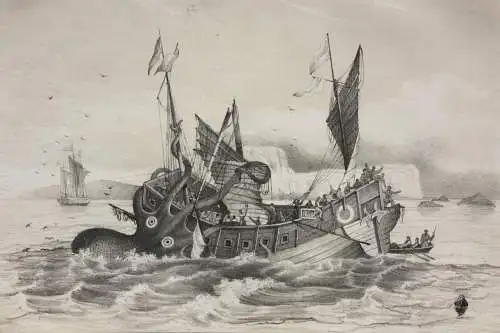 Der Angriff einer Riesenkrake auf ein Segelschiff, Lithographie, 1840-1850