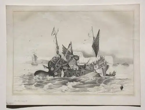 Der Angriff einer Riesenkrake auf ein Segelschiff, Lithographie, 1840-1850