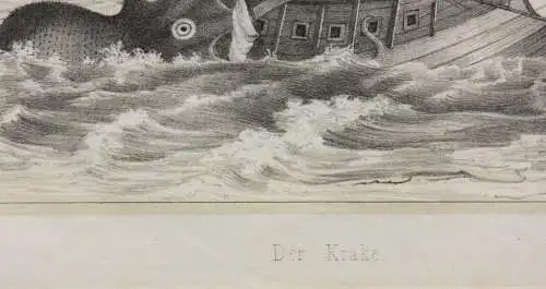 Der Angriff einer Riesenkrake auf ein Segelschiff, Lithographie, 1840-1850