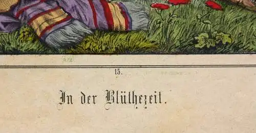 "In der Blüthezeit", altkolorierte Lithographie, Druck Hermann Oeser, Neusalza