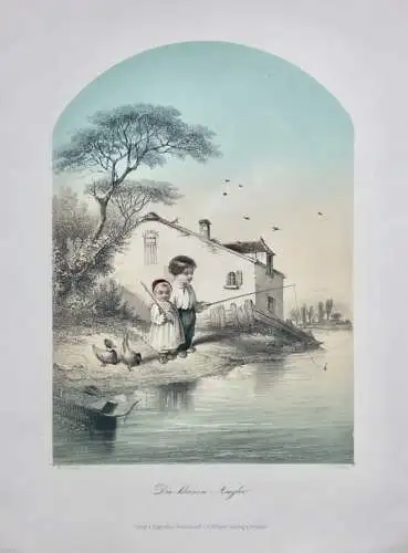 A. H. Payne (1812-1902) nach F. Sinnett, altkol. Stahlstich "Die kleinen Angler"