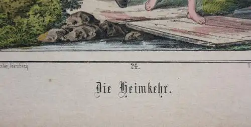 "Die Heimkehr", altkolorierte Lithographie, Druck Hermann Oeser, Neusalza