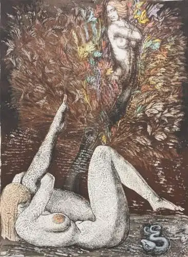 Ernst Fuchs (1930-2015), sign. Radierung, handkoloriert "Lilith-Traum der Eva"