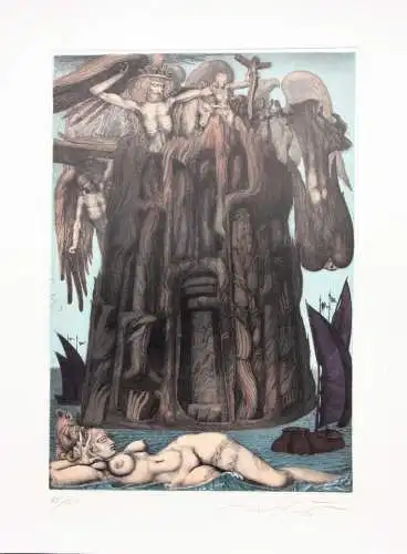 Ernst Fuchs (1930-2015), signierte Farbradierung "Das Gefängnis des Ikarus" 1975