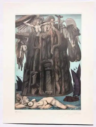 Ernst Fuchs (1930-2015), signierte Farbradierung "Das Gefängnis des Ikarus" 1975