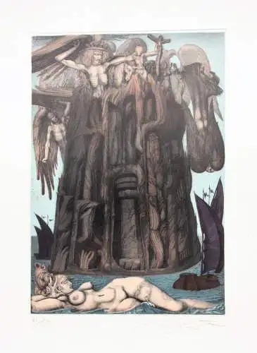 Ernst Fuchs (1930-2015), signierte Farbradierung "Das Gefängnis des Ikarus" 1975