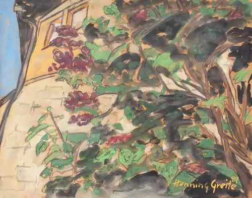 Henning Greite (1940-2010) signiertes Aquarell, blühender Strauch im Garten 1989