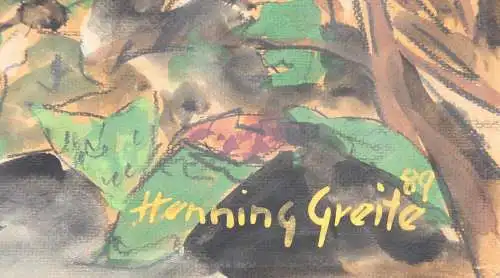 Henning Greite (1940-2010) signiertes Aquarell, blühender Strauch im Garten 1989