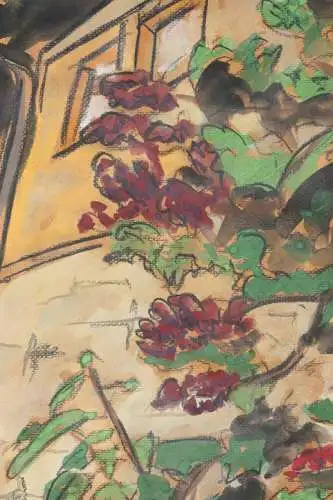Henning Greite (1940-2010) signiertes Aquarell, blühender Strauch im Garten 1989