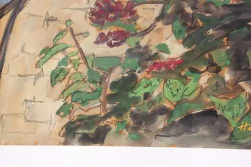 Henning Greite (1940-2010) signiertes Aquarell, blühender Strauch im Garten 1989