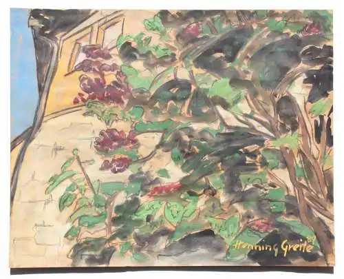 Henning Greite (1940-2010) signiertes Aquarell, blühender Strauch im Garten 1989