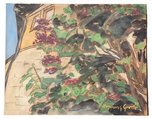 Henning Greite (1940-2010) signiertes Aquarell, blühender Strauch im Garten 1989