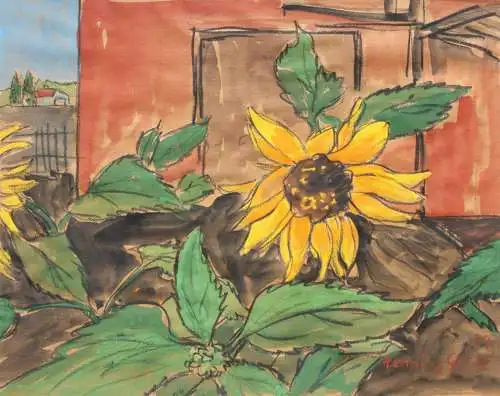 Henning Greite (1940-2010) signiertes Aquarell, Sonnenblumen im Garten, 1989