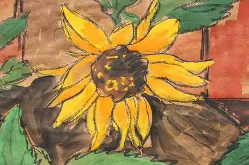 Henning Greite (1940-2010) signiertes Aquarell, Sonnenblumen im Garten, 1989