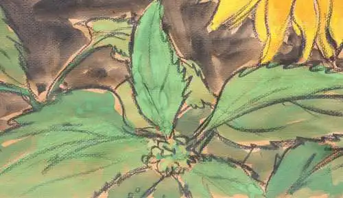 Henning Greite (1940-2010) signiertes Aquarell, Sonnenblumen im Garten, 1989