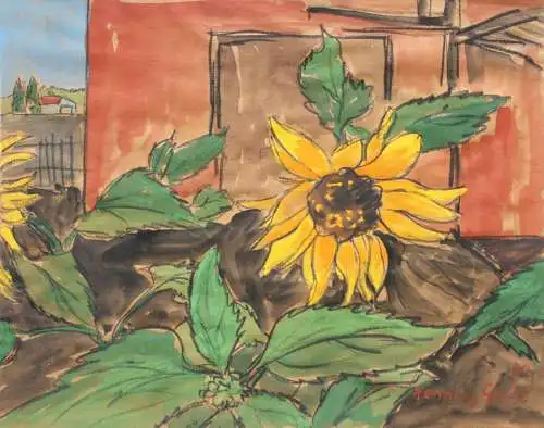 Henning Greite (1940-2010) signiertes Aquarell, Sonnenblumen im Garten, 1989